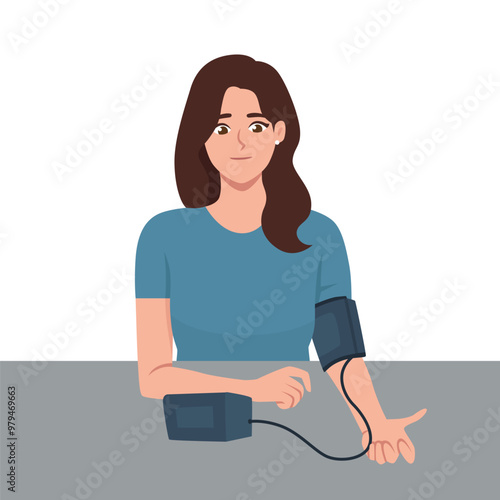 Woman measures blood pressure with electronic tonometer. Flat vector Character illustration
