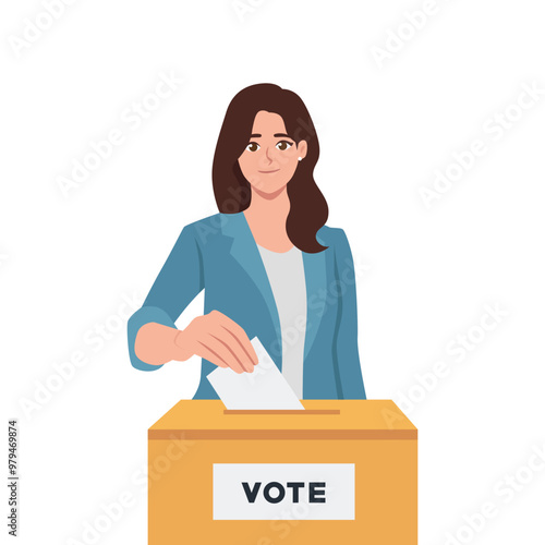 Woman Putting Vote Paper into Election Box. Flat vector Character illustration