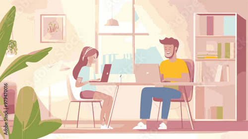 Prin
Homeschool or online education. Mother with daughter sitting in front of laptop learning. Flat vector illustration. Pro Vector