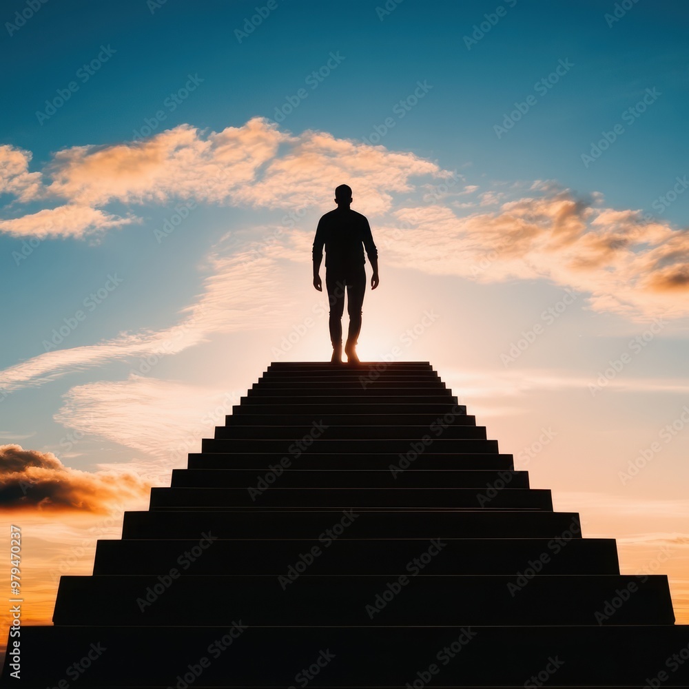 A silhouette of a person standing at the top of stairs against a stunning sunset, symbolizing achievement and inspiration. A silhouette of a person standing at the top of stairs against a stunning sunset, symbolizing achievement and inspiration.