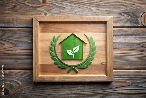 Contemporary GreenHome Certification Emblem on Reclaimed Wood Plaque with Natural Light photo