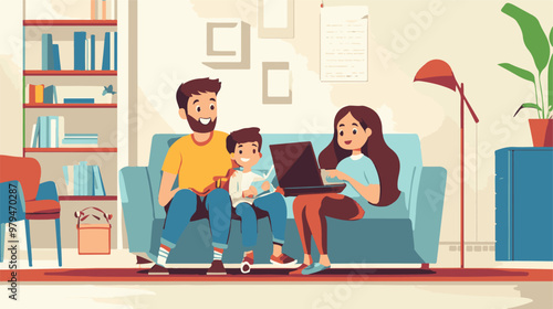 Prin
Homeschool or online education. Mother with daughter sitting in front of laptop learning. Flat vector illustration. Pro Vector