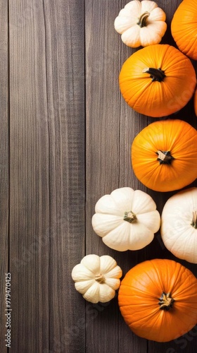 Wallpaper Mural A vibrant arrangement of pumpkins and gourds on a rustic wooden background creates a festive atmosphere, offering ample space for Halloween messages and fall-themed text Torontodigital.ca