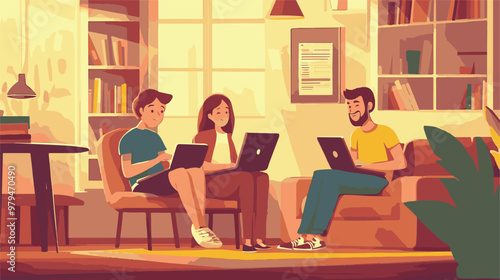 Prin
Homeschool or online education. Mother with daughter sitting in front of laptop learning. Flat vector illustration. Pro Vector