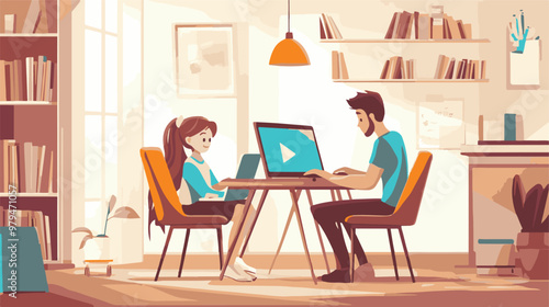 Prin
Homeschool or online education. Mother with daughter sitting in front of laptop learning. Flat vector illustration. Pro Vector
