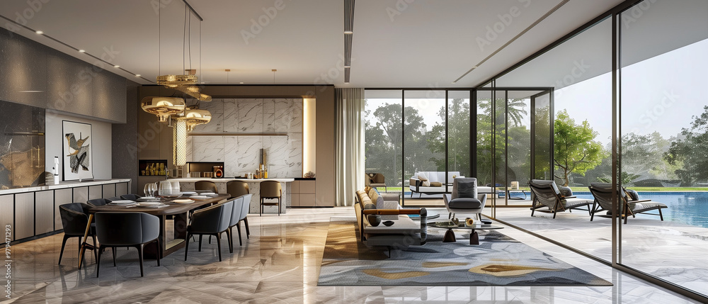 Modern living room interior with fireplace and luxury furniture featuring a wooden table, sofa, and chairs near large windows Modern living room interior with fireplace and luxury furniture featuring a wooden table, sofa, and chairs near large windows