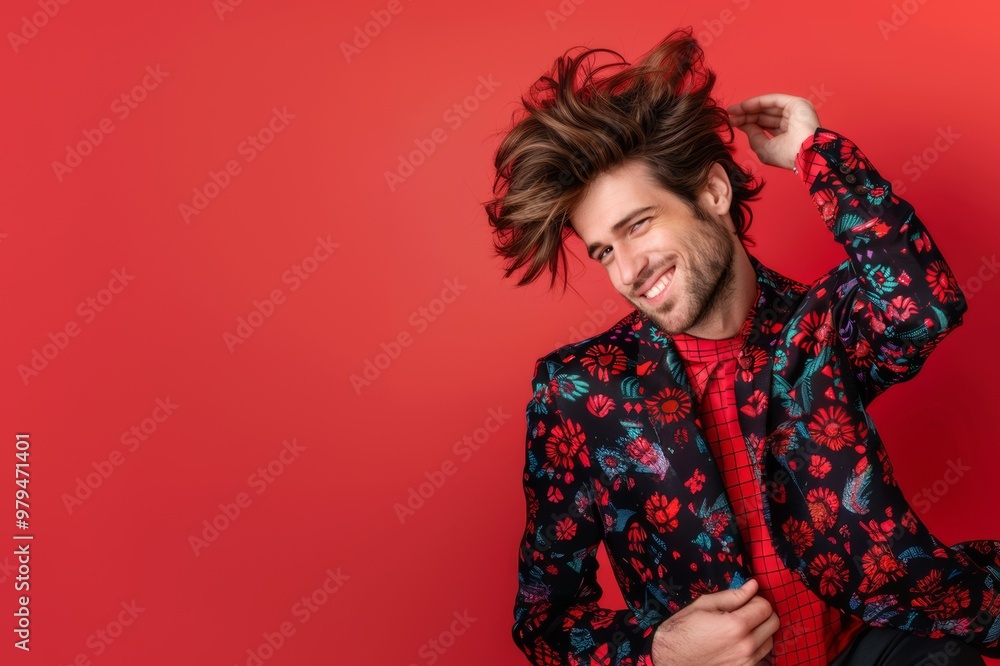 Quirky man unique hairstyle stands spirited and fashionable attire. Joyful and eclectic young man flaunts his spirited and quirky style. Portrayal of confident self-expression Quirky man unique hairstyle stands spirited and fashionable attire. Joyful and eclectic young man flaunts his spirited and quirky style. Portrayal of confident self-expression