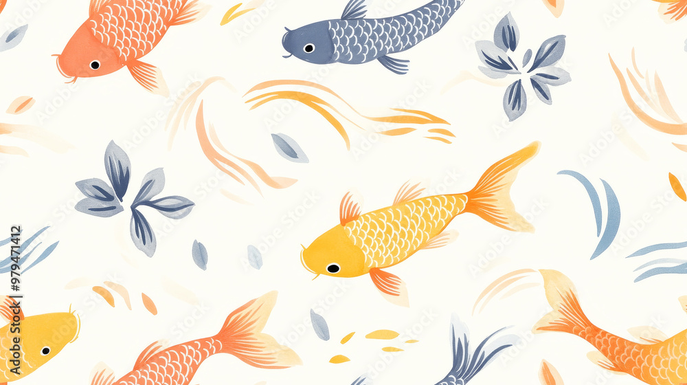 Seamless pattern of colorful koi fish with flowing ink brush design Seamless pattern of colorful koi fish with flowing ink brush design