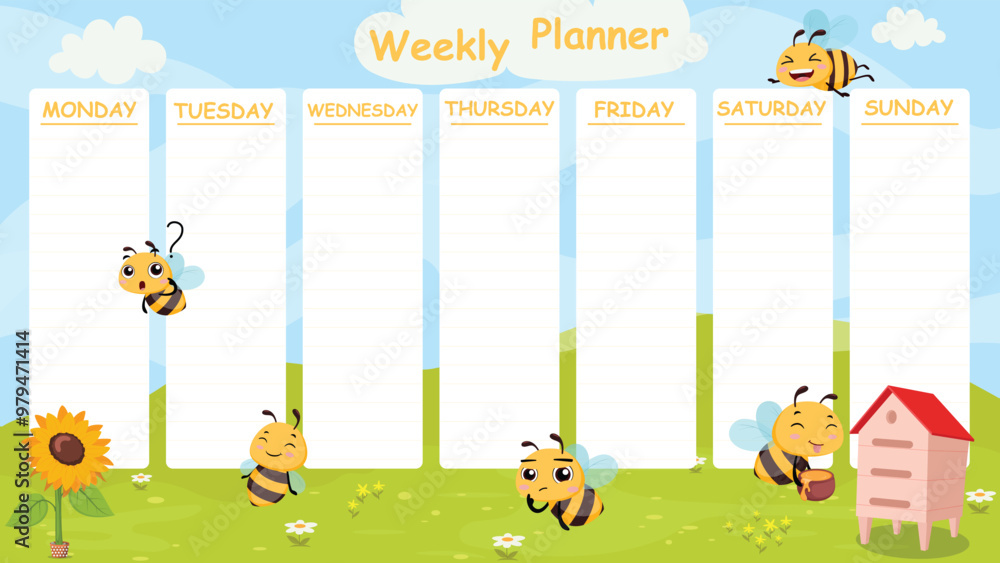 Fototapeta premium Weekly planner stationery with cute bee cartoon