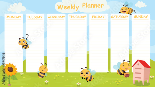 Weekly planner stationery with cute bee cartoon