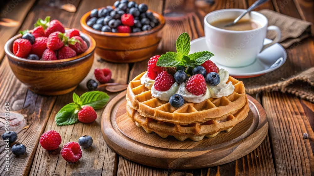 Cozy atmosphere features beautifully styled breakfast nook with nutritious whole grain waffles topped with fresh berries and whipped cream against rustic wooden backdrop Cozy atmosphere features beautifully styled breakfast nook with nutritious whole grain waffles topped with fresh berries and whipped cream against rustic wooden backdrop