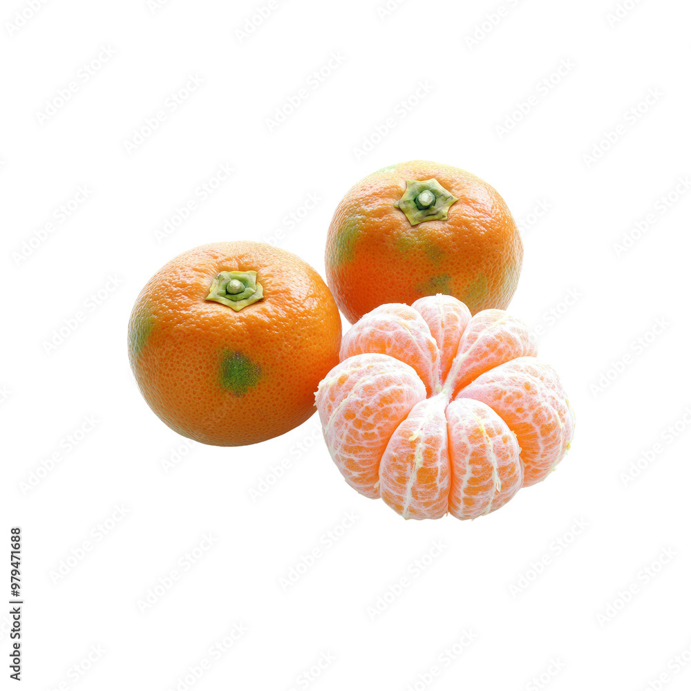 Three Whole Mandarin Oranges and One Peeled Mandarin Orange on a White Background Three Whole Mandarin Oranges and One Peeled Mandarin Orange on a White Background