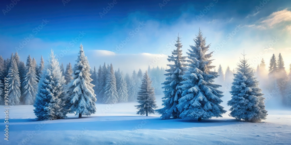Frozen winter wonderland, snow-covered evergreen trees, misty morning, soft focus, icy blues, frosty whites, serene atmosphere, minimalist composition. Frozen winter wonderland, snow-covered evergreen trees, misty morning, soft focus, icy blues, frosty whites, serene atmosphere, minimalist composition.
