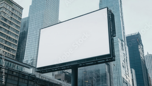 Empty billboard in urban setting with tall skyscrapers around