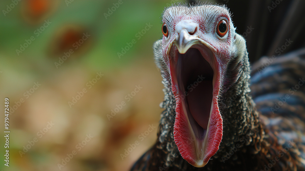 Naklejka premium Wild turkey displaying gobble with open beak