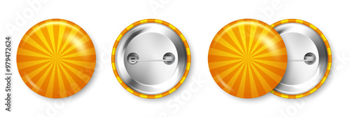 Realistic colorful funky badges. Sunburst effect. Glossy 3D round button. Pin badge, brooch mockup for product promotion and advertising. Vector illustration