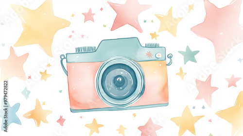 Watercolor illustration of a camera surrounded by stars photo