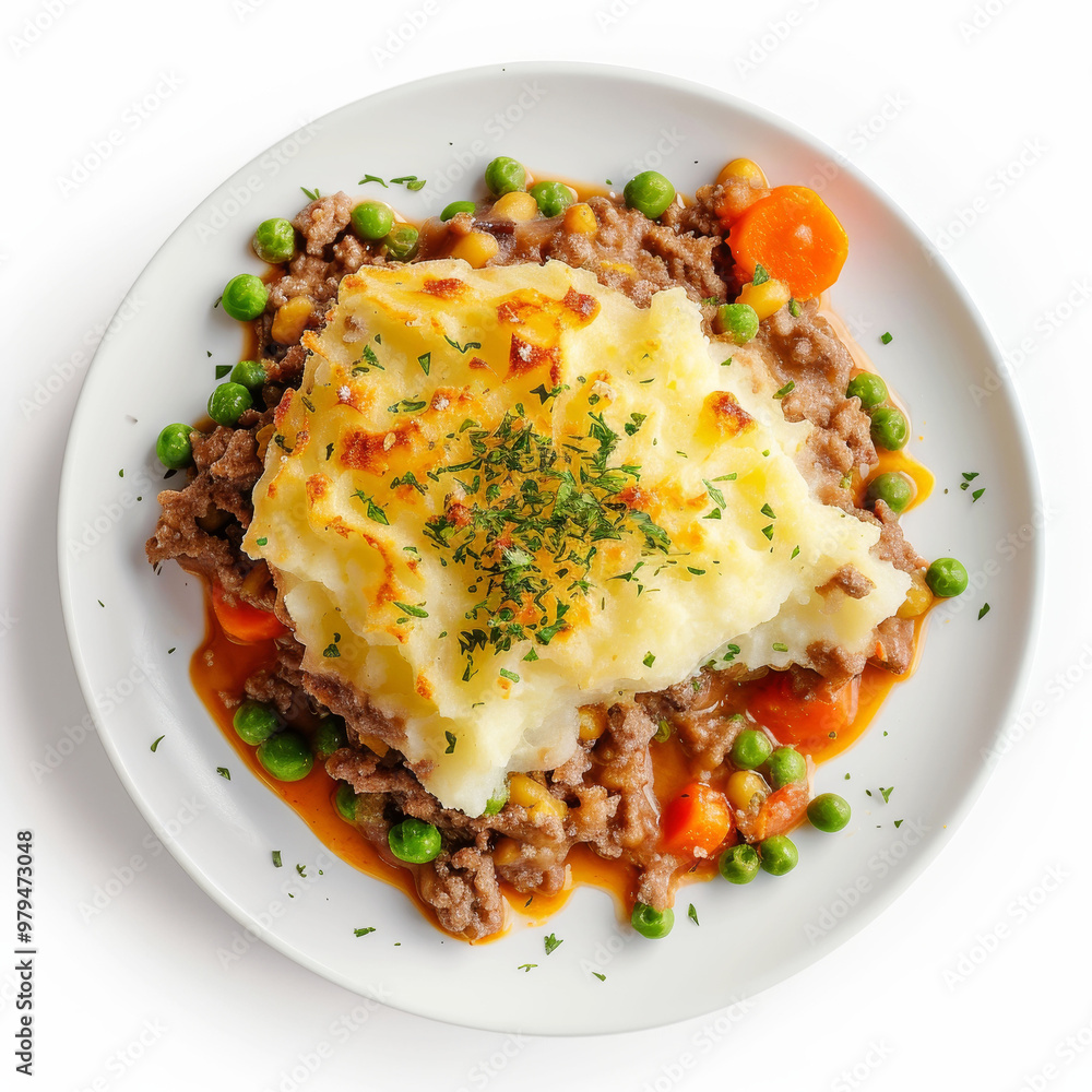 Professional food photography of a top view of shepherd's pie on a plate Professional food photography of a top view of shepherd's pie on a plate