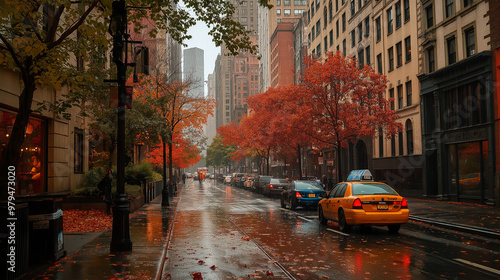 Yellow cab driving on empty street with colorful trees in autumn