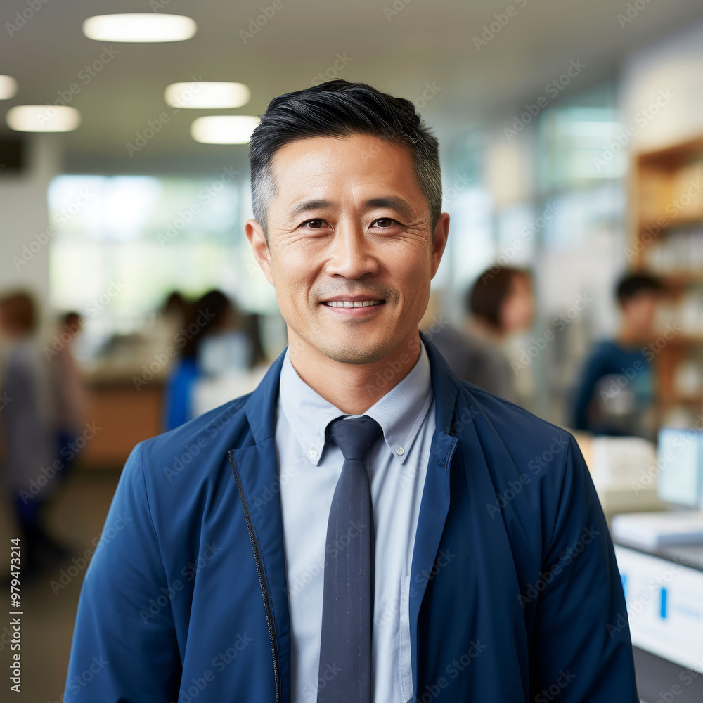 Confident Asian businessman smiling in a modern office environment Confident Asian businessman smiling in a modern office environment