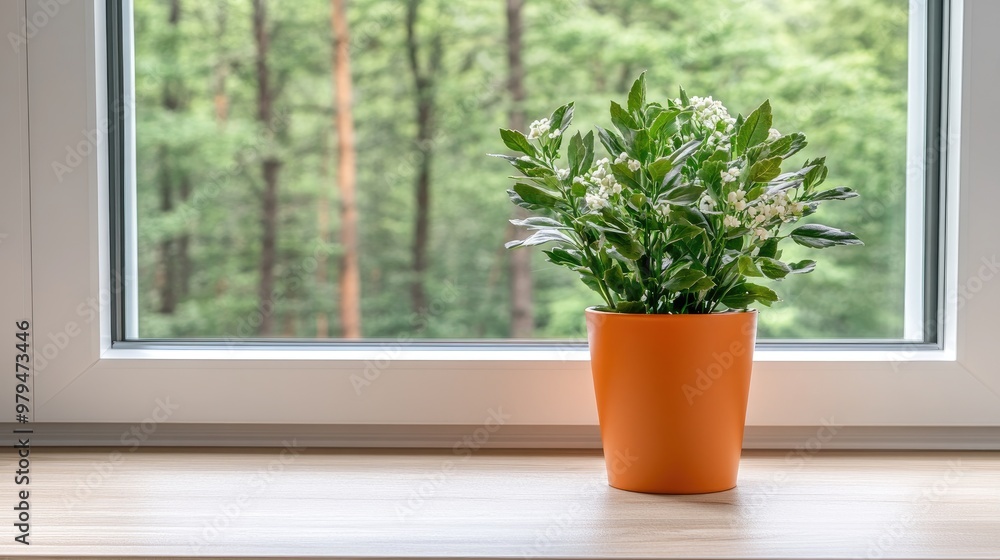 Fototapeta premium Bright orange vases hold blooming flowers on a wooden kitchen counter. Sunlight pours in through the window, showcasing the beautiful forest view outside on a summer day