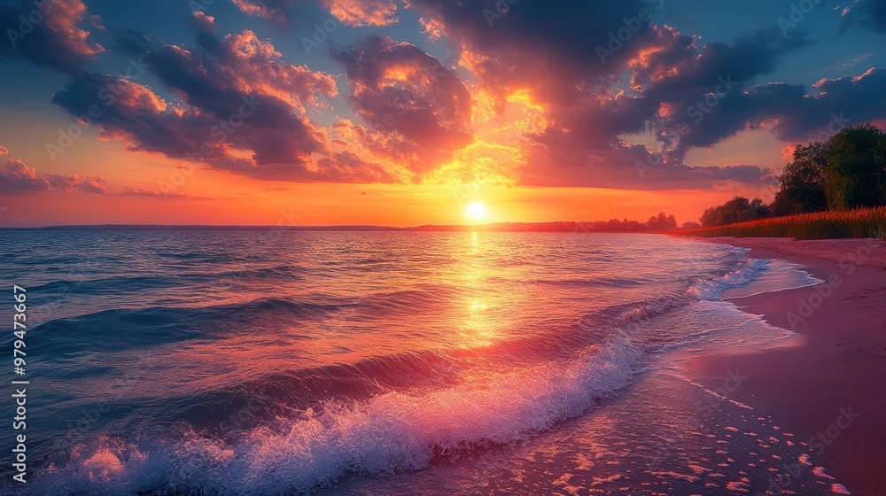 Serene sunset over a tranquil beach with gentle waves. Serene sunset over a tranquil beach with gentle waves.