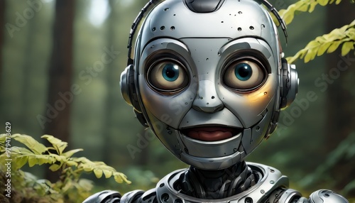 A silver robot with large, curious eyes, exploring a lush green forest. The robot's detailed design and natural setting create a captivating contrast between technology and nature, ideal for themes of photo