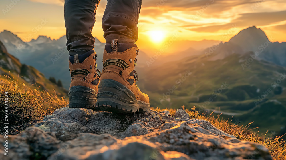 Hiker standing on a mountain at sunset enjoying the view Hiker standing on a mountain at sunset enjoying the view