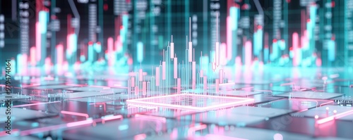 This captivating image depicts a futuristic financial landscape with a glowing microprocessor surrounded by stock market data and digital circuits. The scene symbolizes the intersection of technology 
