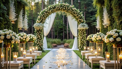 Elegant wedding ceremony setup with white flower petals, candles, and intricately designed arches, set against a serene outdoor natural backdrop with lush greenery. photo