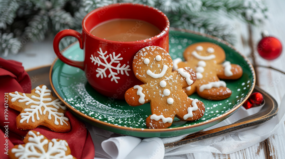 A cozy holiday scene featuring gingerbread cookies and a steaming cup of hot chocolate in a festive red mug, surrounded by Christmas decorations, creating a warm and cheerful atmosphere. A cozy holiday scene featuring gingerbread cookies and a steaming cup of hot chocolate in a festive red mug, surrounded by Christmas decorations, creating a warm and cheerful atmosphere.