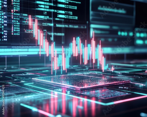 This captivating image depicts a downward-trending stock market chart superimposed on a futuristic digital landscape. The scene symbolizes economic volatility and potential market downturn.