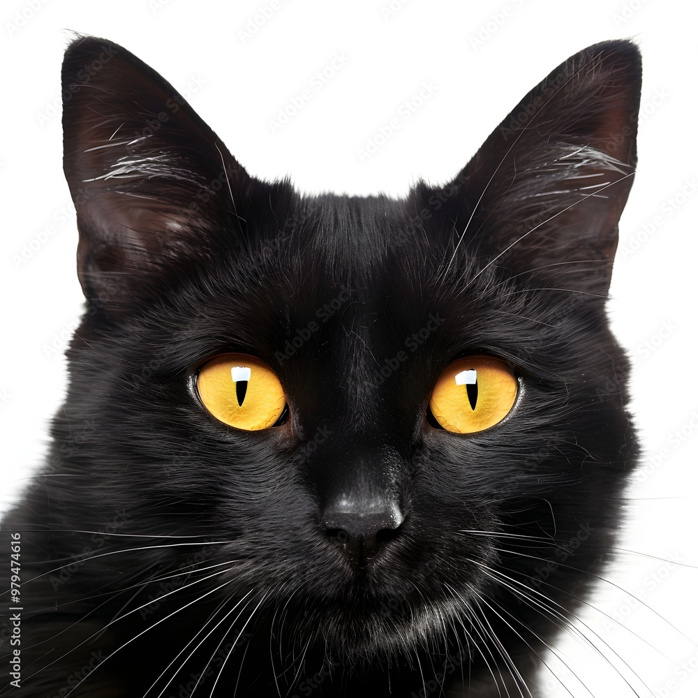 Close-Up of a Sleek Black Cat’s Face with Piercing Yellow Eyes, Fur Shining Under Soft Lighting Close-Up of a Sleek Black Cat’s Face with Piercing Yellow Eyes, Fur Shining Under Soft Lighting
