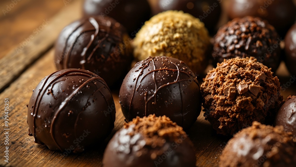 Assorted gourmet chocolate truffles on a wooden surface. Assorted gourmet chocolate truffles on a wooden surface.