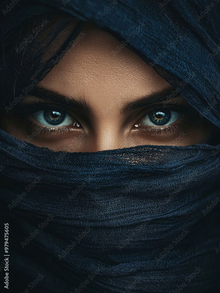 Naklejka premium A woman with blue eyes is wearing a blue scarf