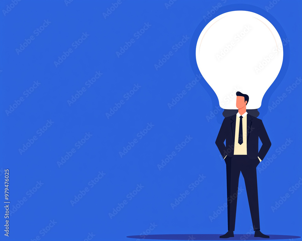 A businessman stands confidently with a glowing light bulb above his head, symbolizing innovation A businessman stands confidently with a glowing light bulb above his head, symbolizing innovation