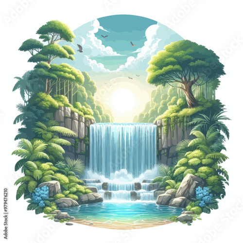 Vector of roaring waterfall in the forest