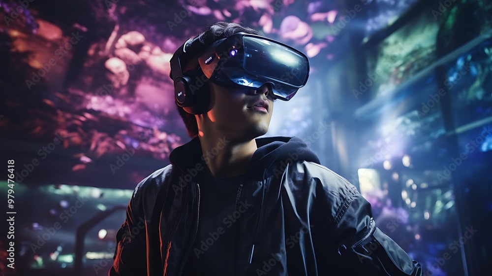 A person wearing a VR headset in a colorful, immersive environment. A person wearing a VR headset in a colorful, immersive environment.