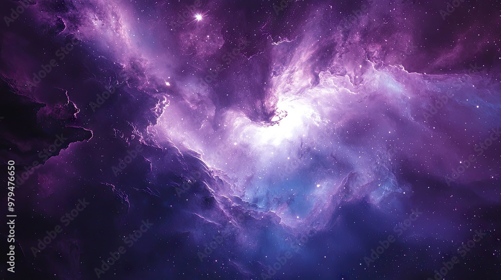 A breathtaking cosmic scene in a vast galaxy where shades of purple and blue dominate the space. The image captures a dramatic, ethereal atmosphere A breathtaking cosmic scene in a vast galaxy where shades of purple and blue dominate the space. The image captures a dramatic, ethereal atmosphere