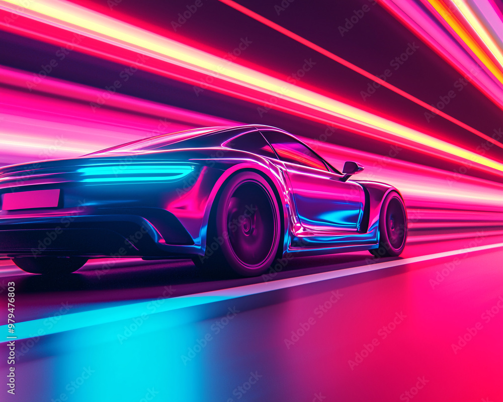 A sleek, modern car speeding through vibrant neon light trails, creating a dynamic and energetic A sleek, modern car speeding through vibrant neon light trails, creating a dynamic and energetic