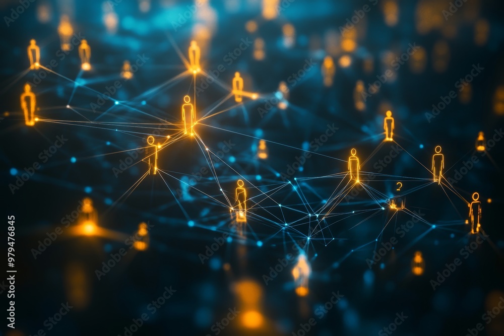 Glowing network of interconnected people icons in dark blue and yellow for digital connections Glowing network of interconnected people icons in dark blue and yellow for digital connections