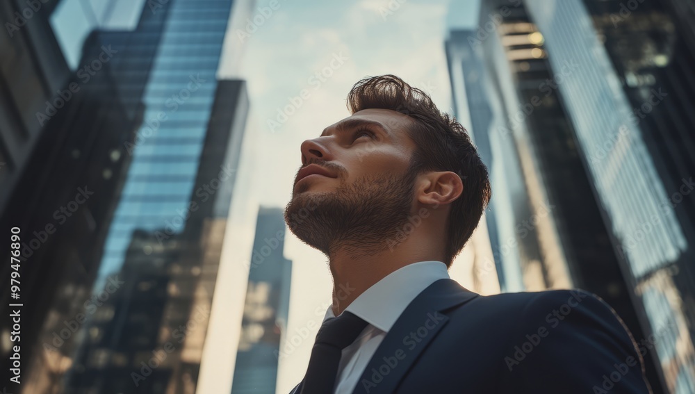 young businessman stands at the foot of an office building young businessman stands at the foot of an office building