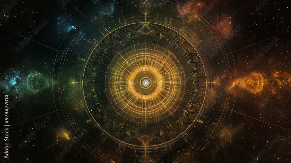 An image of a golden circular light in a dark cosmic space filled with stars, presenting a luminous and mystical aura. An image of a golden circular light in a dark cosmic space filled with stars, presenting a luminous and mystical aura.