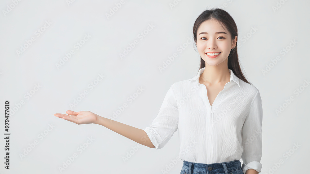 Smiling woman dressed casually in white shirt and denim shorts, showcasing welcoming gesture. Her cheerful expression adds warmth to scene Smiling woman dressed casually in white shirt and denim shorts, showcasing welcoming gesture. Her cheerful expression adds warmth to scene