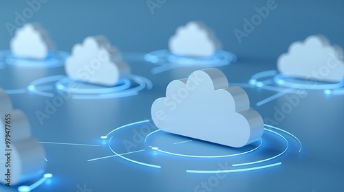 A modern depiction of cloud technology with interconnected clouds and digital elements, representing data storage and networking.