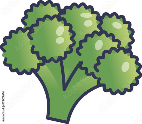 Illustration of a fresh broccoli floret with green stalks and bushy tops, symbolizing healthy eating and nutrition.