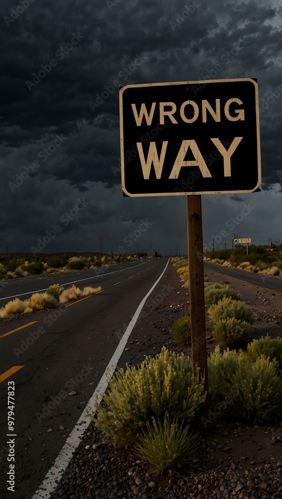 “Wrong Way” sign under a dark storm near Albuquerque's Interstate 25. “Wrong Way” sign under a dark storm near Albuquerque's Interstate 25.