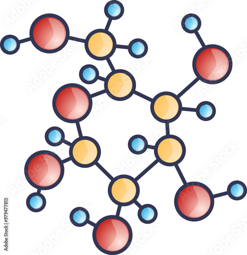 Illustration of a carbohydrate molecule structure with interconnected atoms represented by colored spheres.