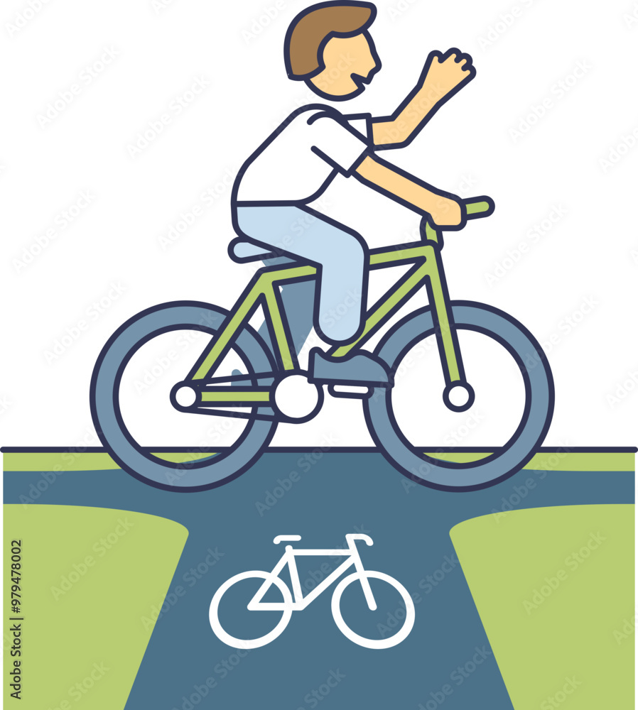 Illustration of a cyclist riding a bicycle on a designated bike lane, side view. Illustration of a cyclist riding a bicycle on a designated bike lane, side view.