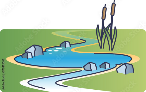 Illustration of a clean river with a fish, rocks, and reeds, symbolizing a healthy aquatic ecosystem.